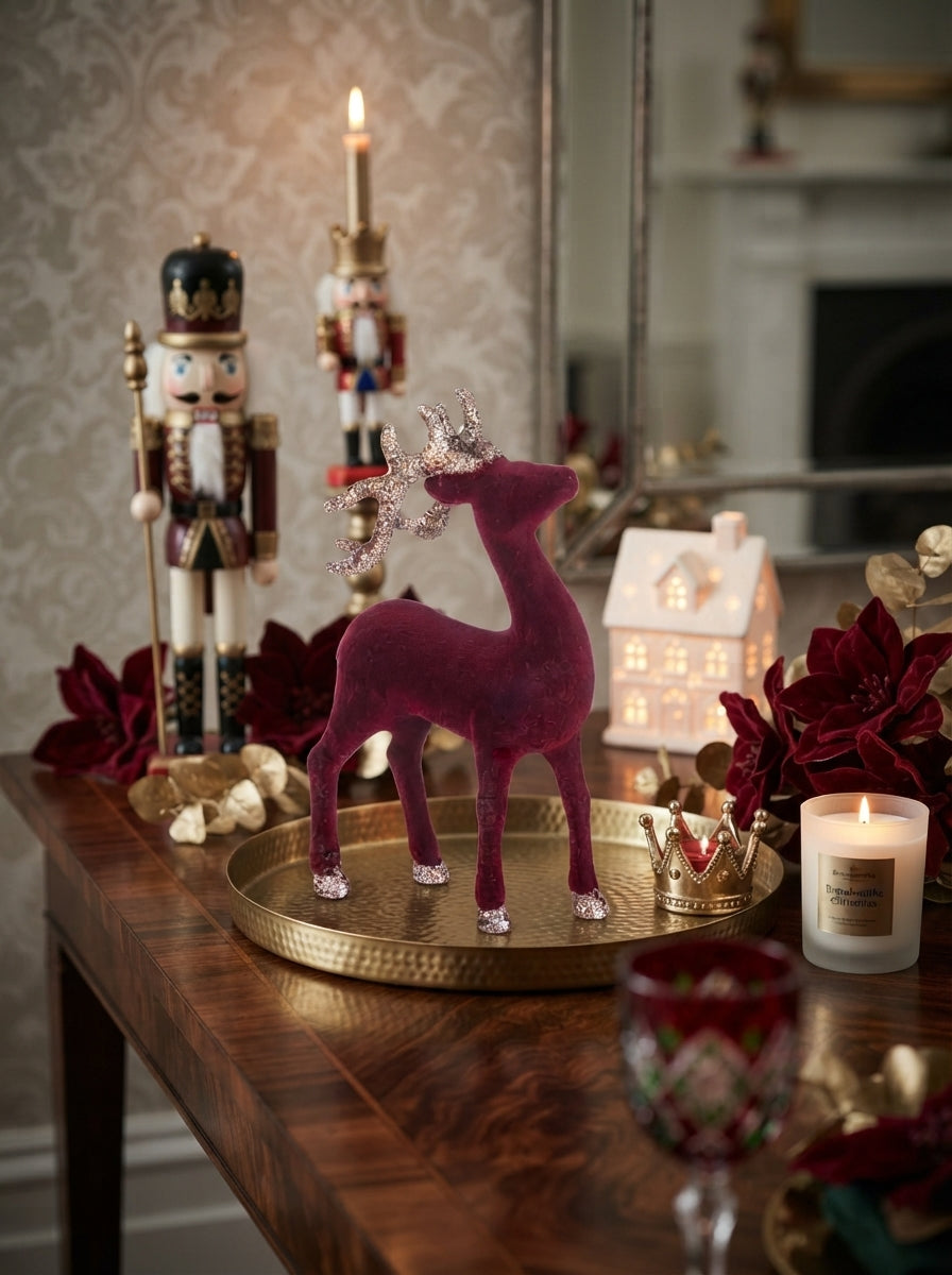 Burgundy Velvet Reindeer Dekoratif Yılbaşı Geyiği