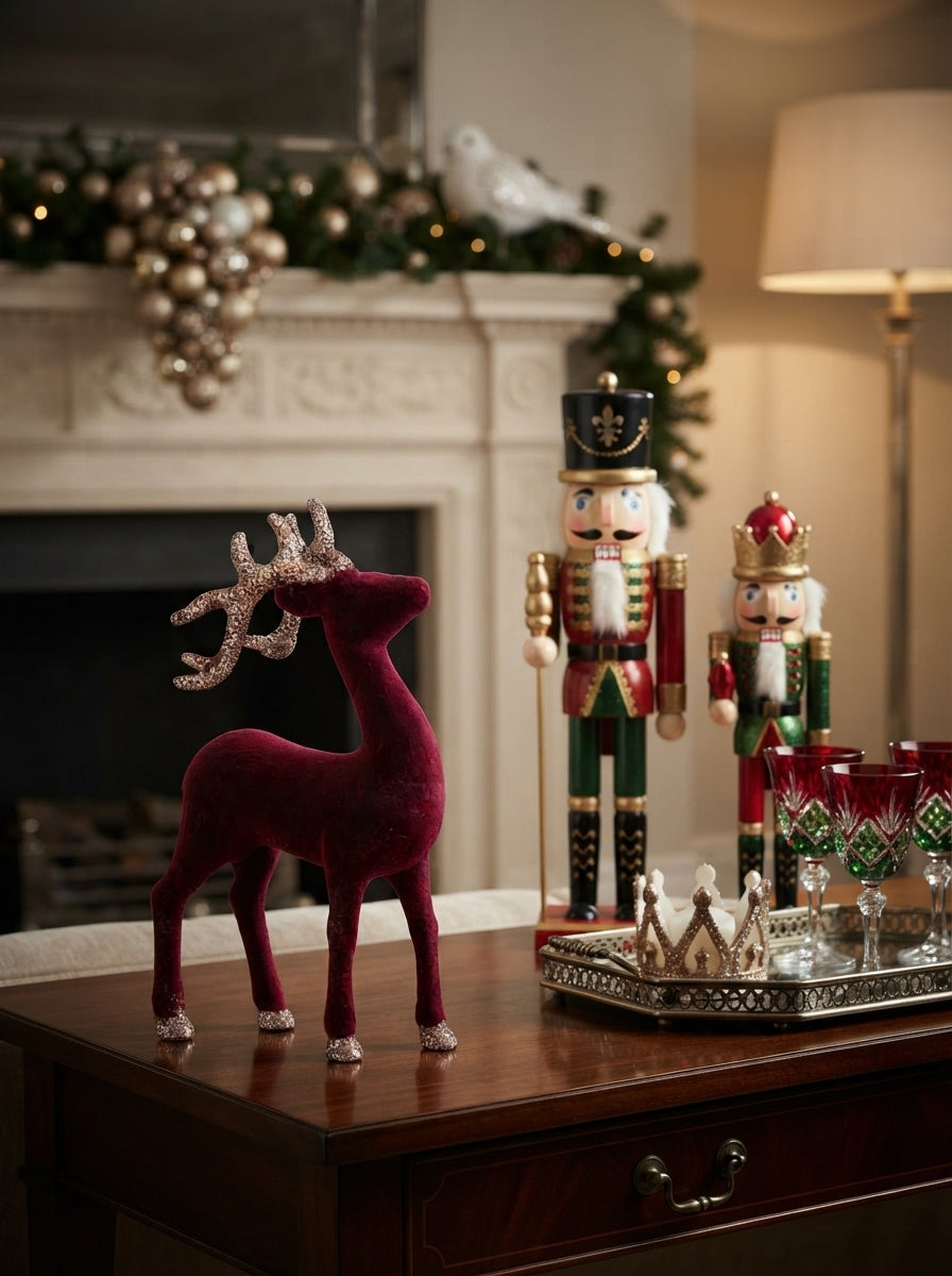 Burgundy Velvet Reindeer Dekoratif Yılbaşı Geyiği