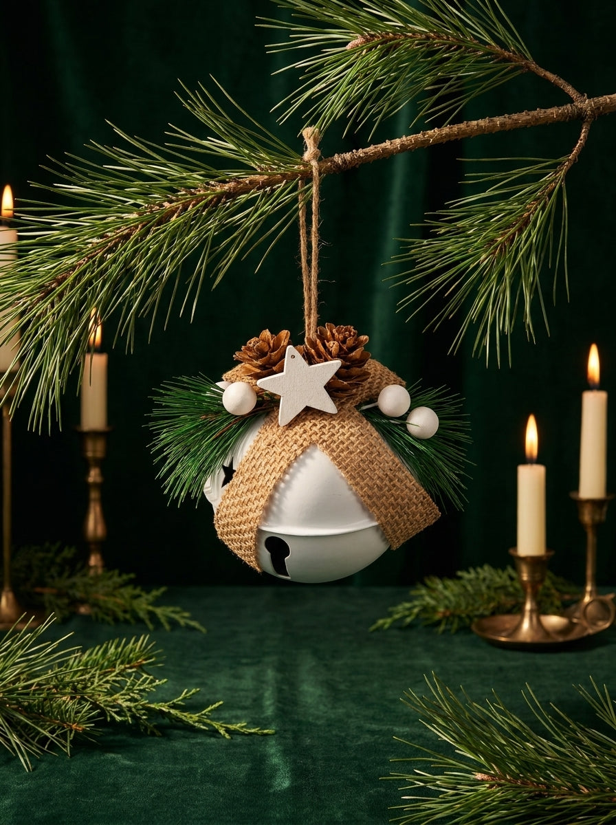 Nordic Christmas Bell – Kozalak ve Yıldız Detaylı Beyaz Yılbaşı Çanı