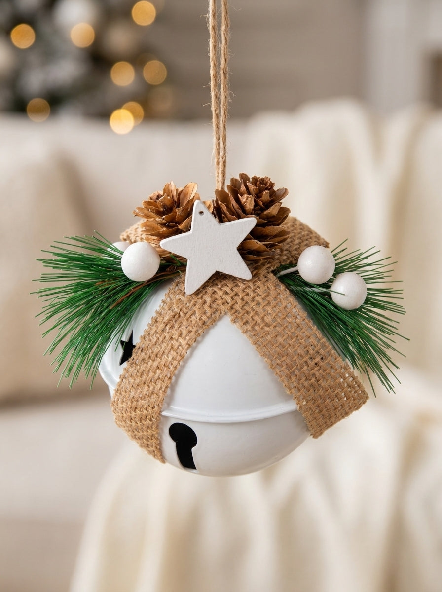 Nordic Christmas Bell – Kozalak ve Yıldız Detaylı Beyaz Yılbaşı Çanı