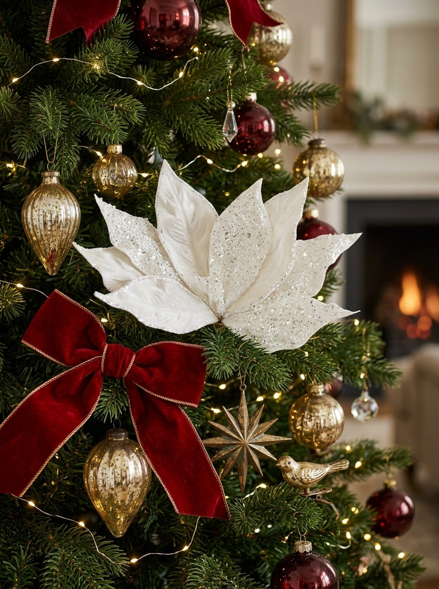 White Frost Poinsettia Klipsli Yılbaşı Ağacı Süsü