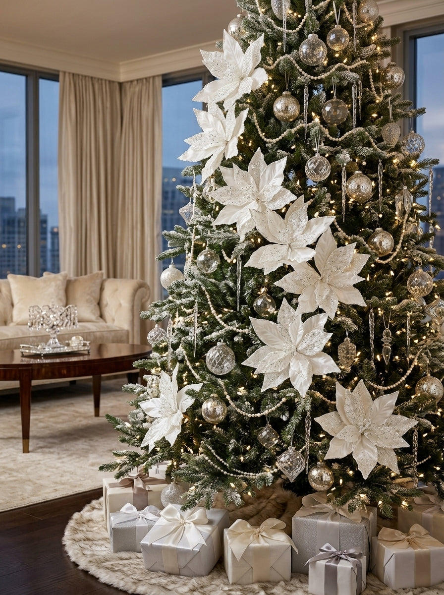 White Frost Poinsettia Klipsli Yılbaşı Ağacı Süsü