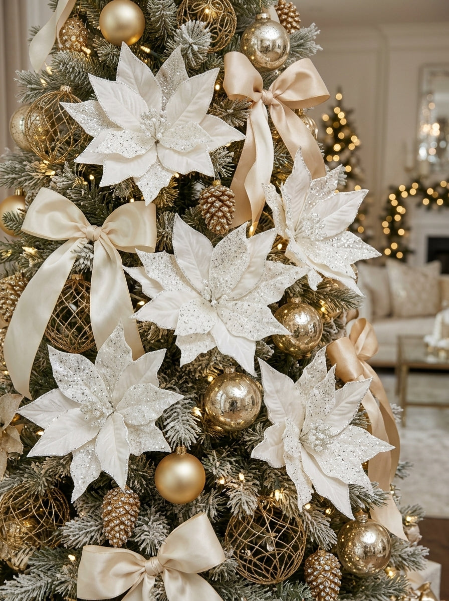 White Frost Poinsettia Klipsli Yılbaşı Ağacı Süsü