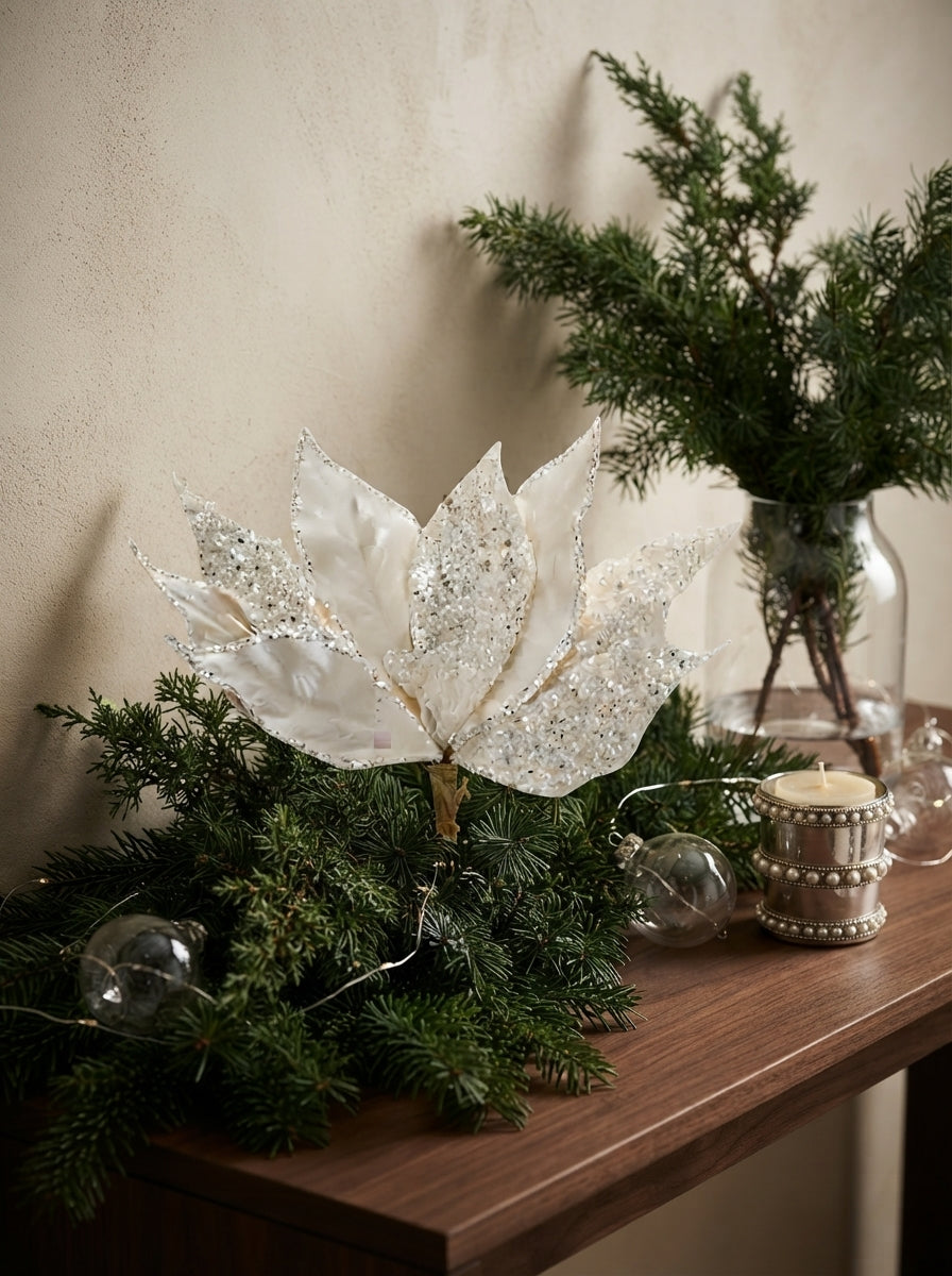 White Frost Poinsettia Klipsli Yılbaşı Ağacı Süsü
