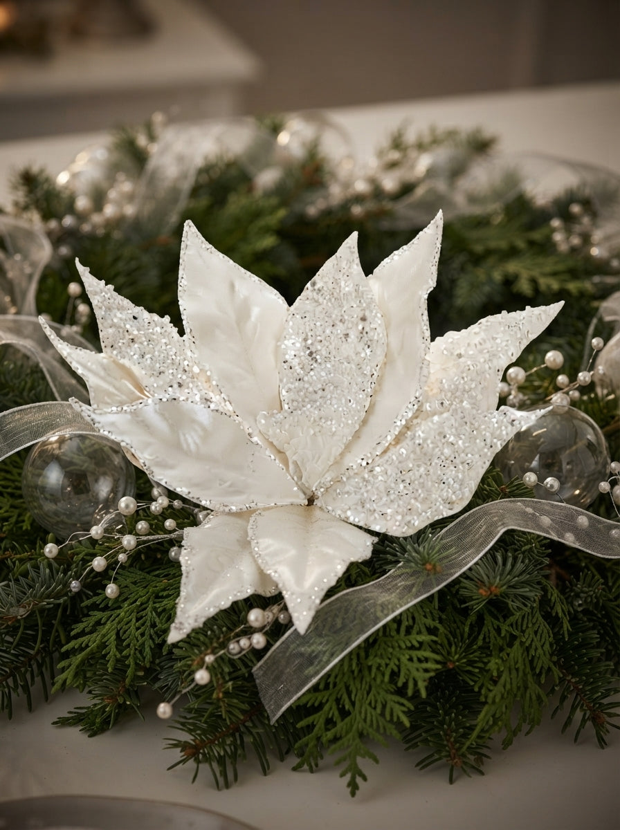 White Frost Poinsettia Klipsli Yılbaşı Ağacı Süsü
