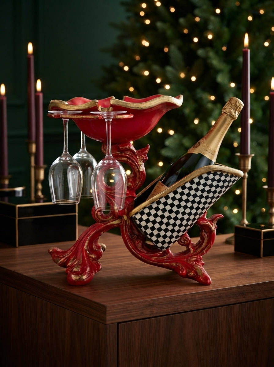 Royal Christmas Kırmızı & Gold Şaraplık ve 3 Kadehlik