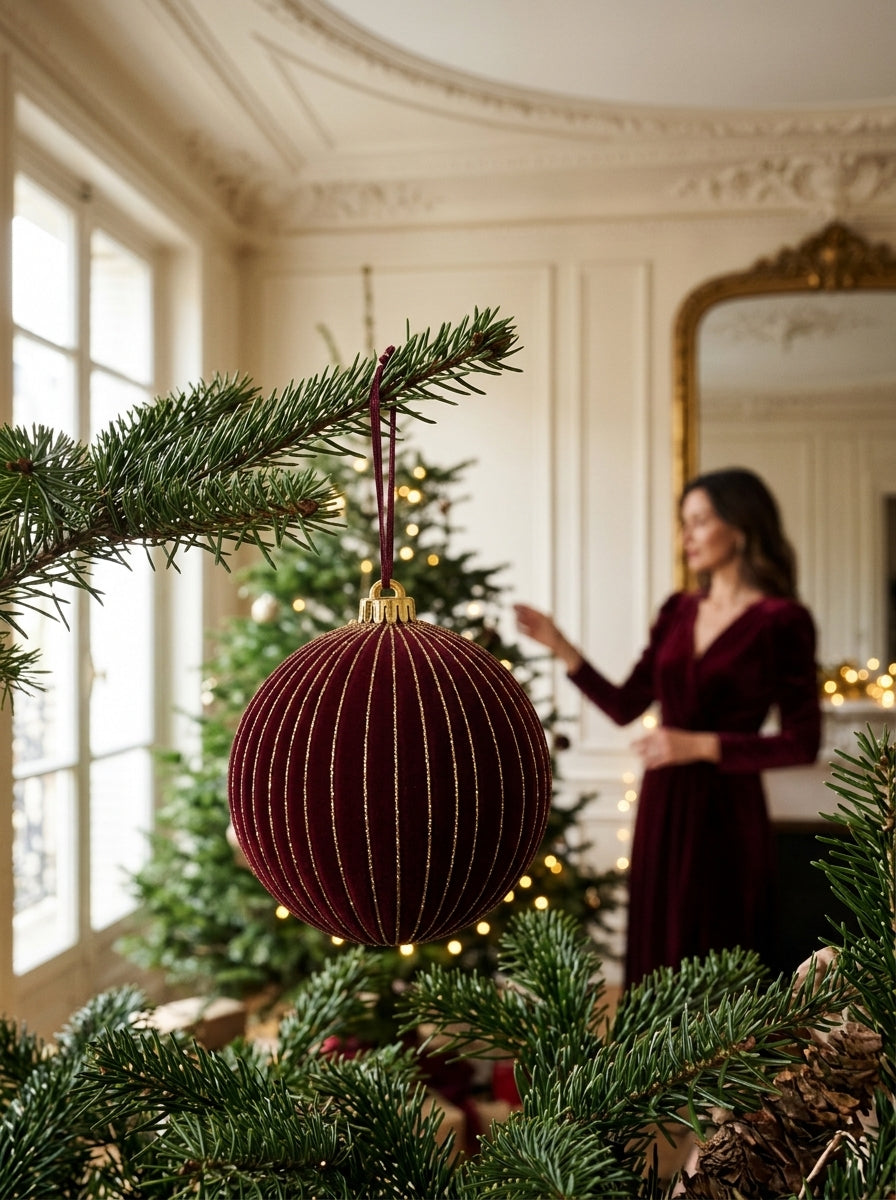 Burgundy Velvet – Altın Işıltılı Bordo Kadife Yılbaşı Ağacı Topu 15 CM Çapında