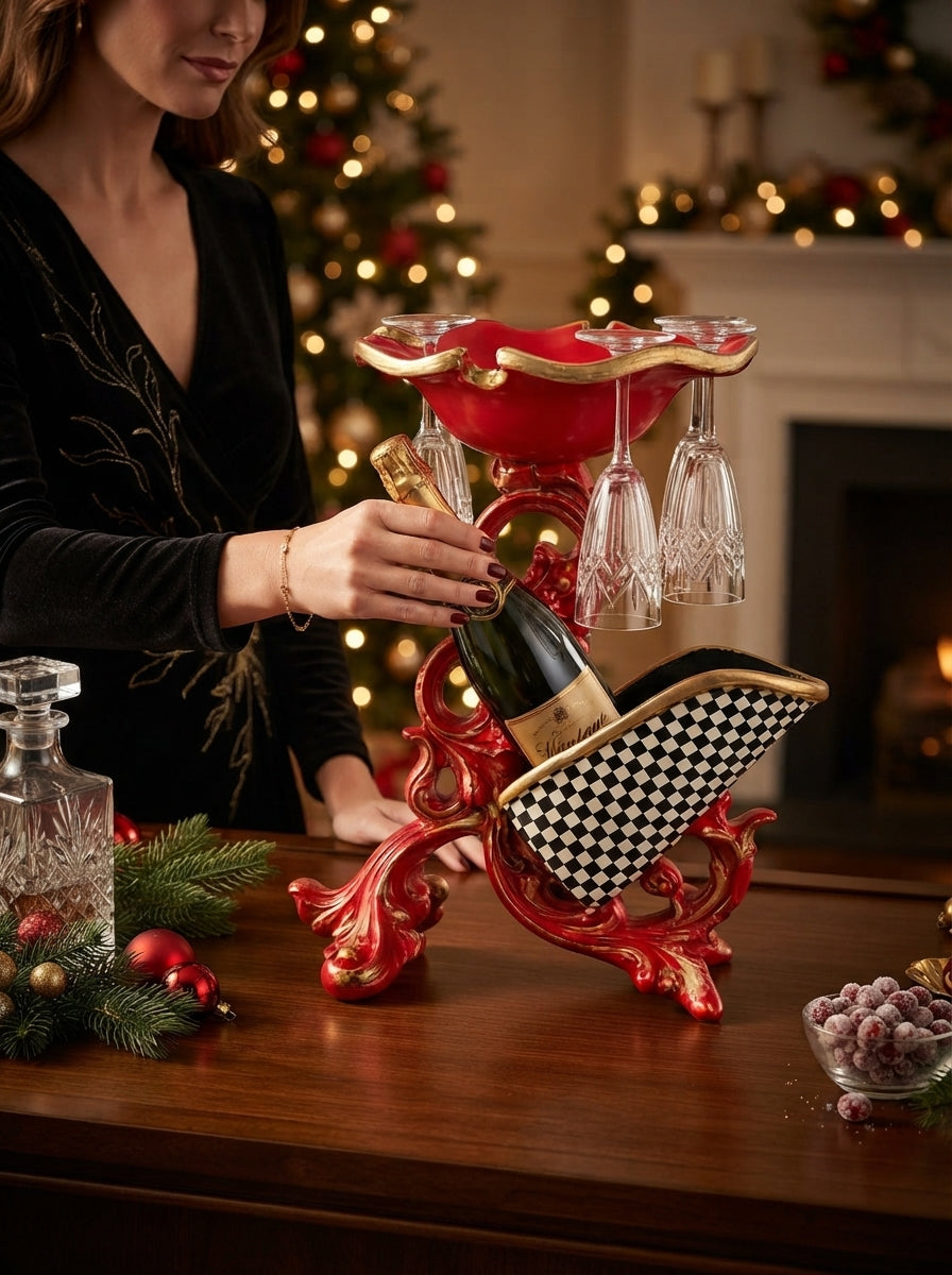 Royal Christmas Kırmızı & Gold Şaraplık ve 3 Kadehlik