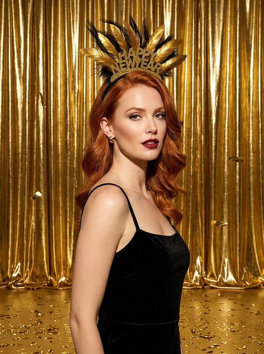 Golden Happy New Year Tüylü Yılbaşı Tacı