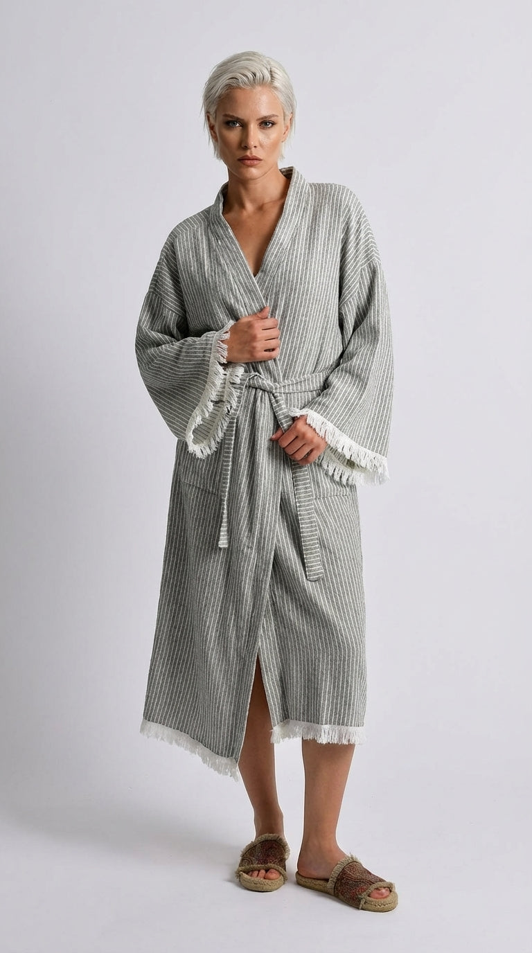 Grey Çizgili Kimono