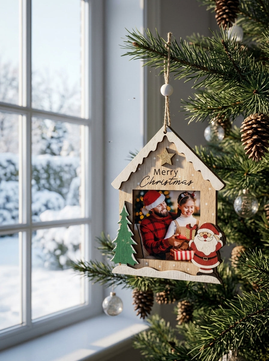 Merry Christmas Ahşap Ev Fotoğraf Çerçevesi Ağaç Süsü