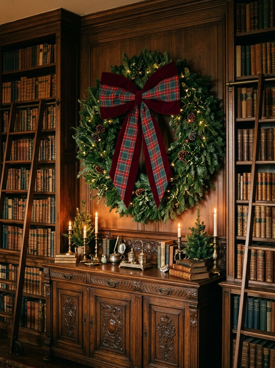 Heritage Christmas – Ekose Detaylı Bordo Kadife Büyük Boy Yılbaşı Fiyongu - 65 CM x 95 CM