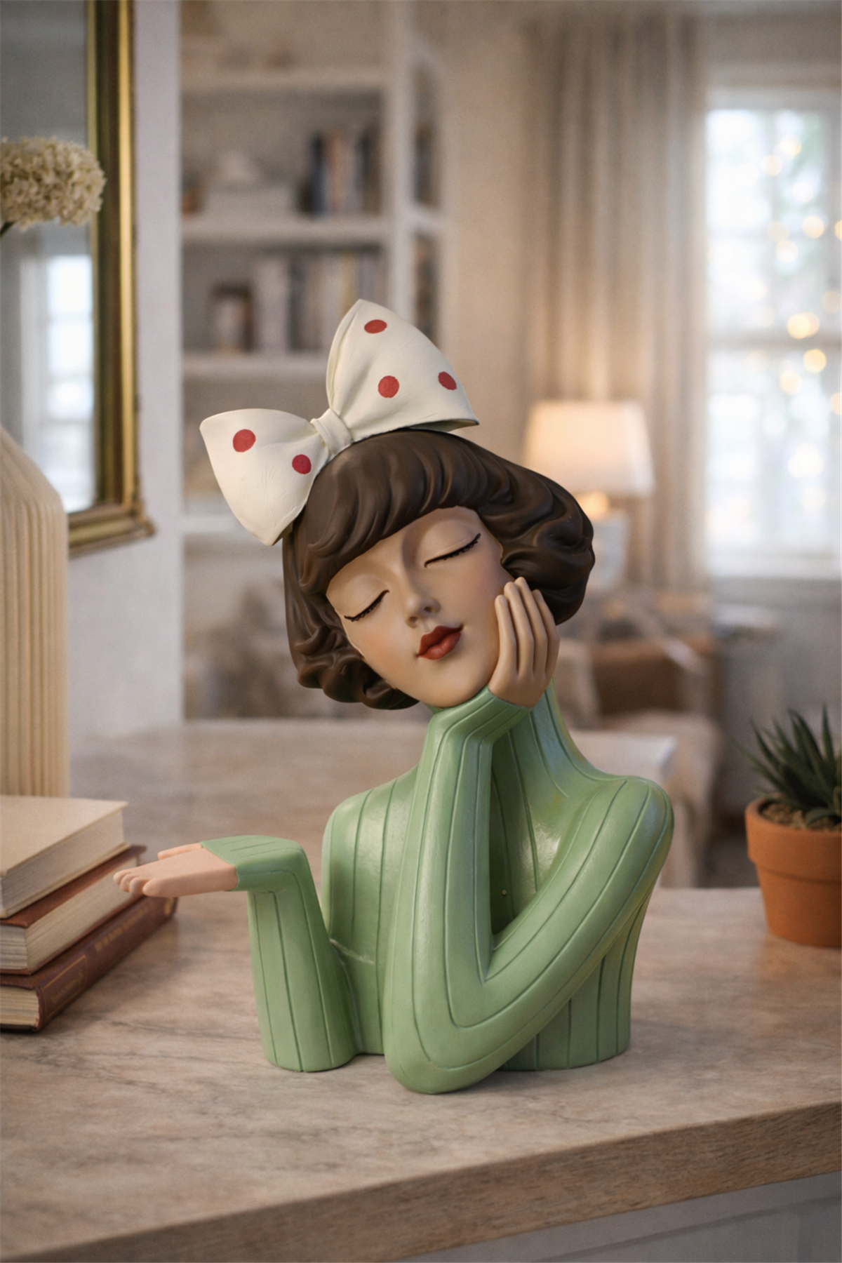 El Yapımı Seramik Kız Figürlü Kase – Sage Ivory Bow