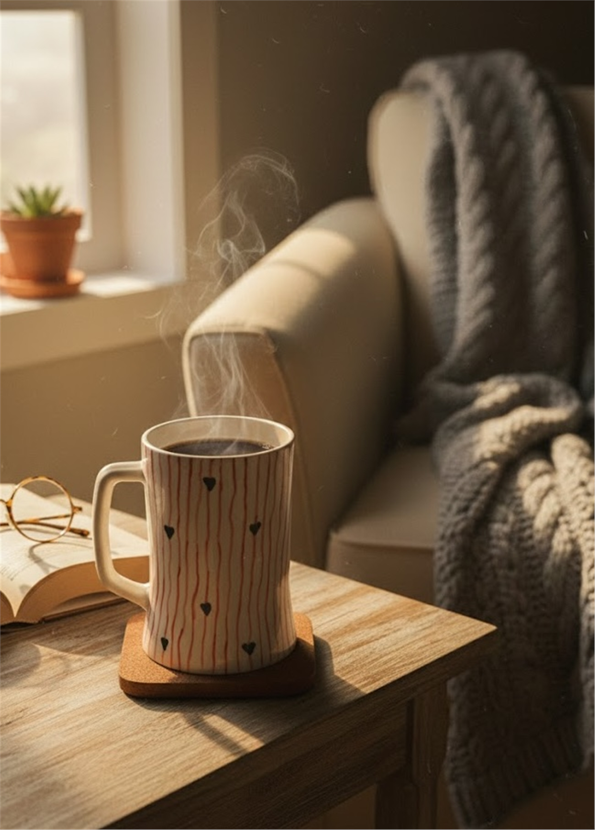 El Yapımı Seramik Kupa – El Boyaması Kalp Desenli