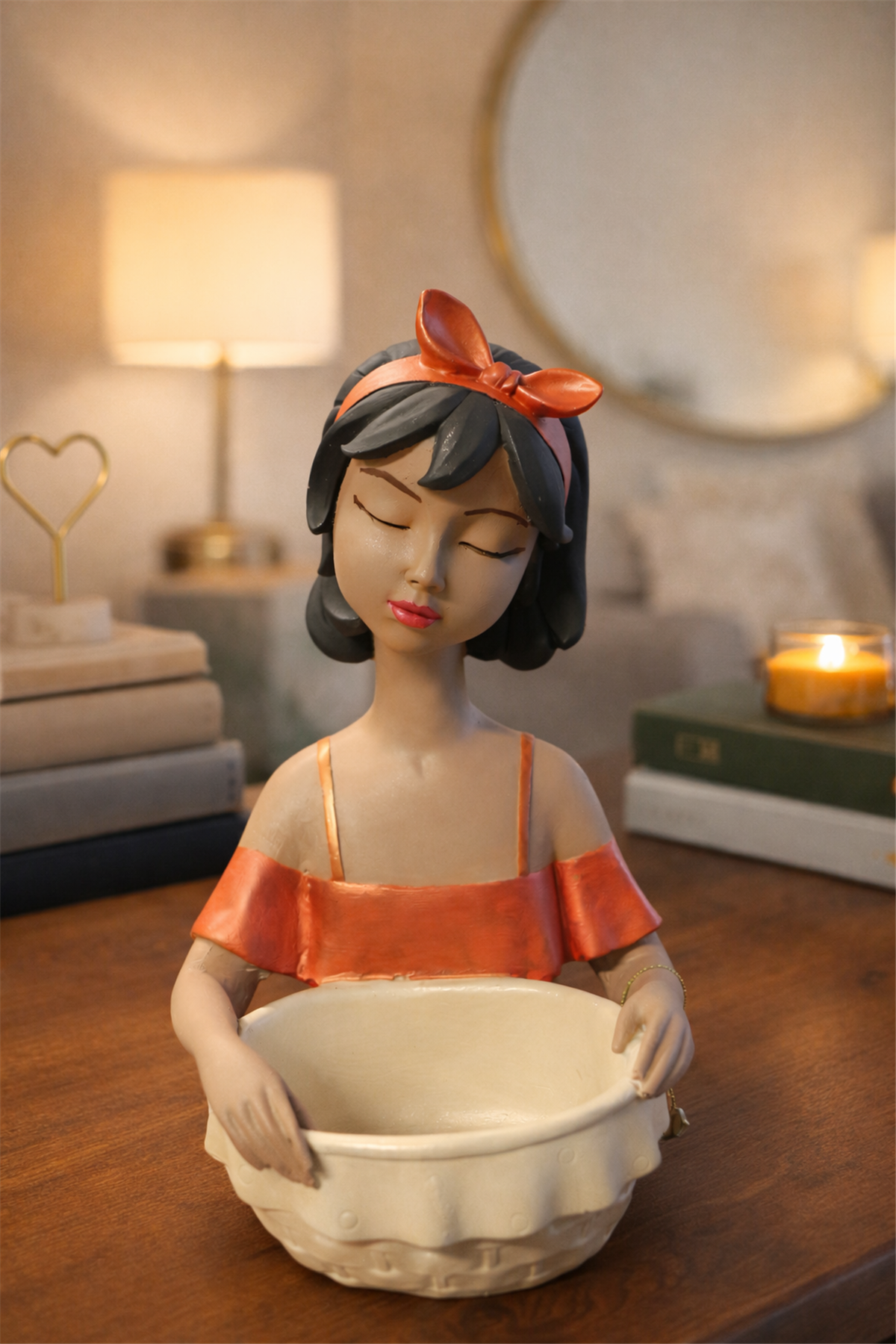 Handmade Ceramic Girl Figurine Bowl - Soft Coral Bow