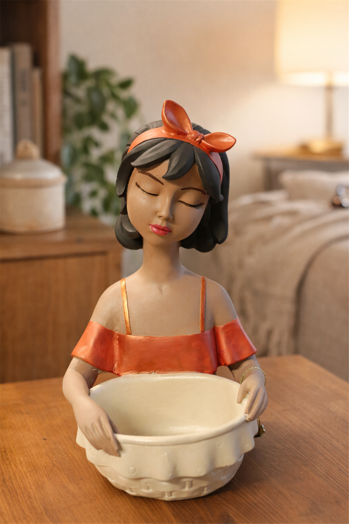 Handmade Ceramic Girl Figurine Bowl - Soft Coral Bow