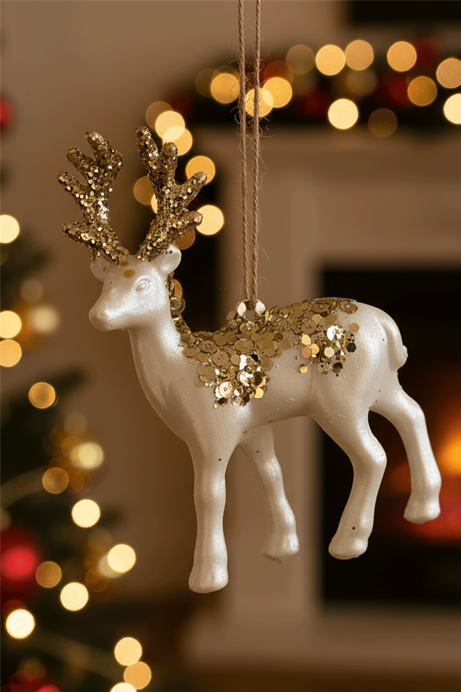 Altın Simli Beyaz Geyik Ağaç Süsü