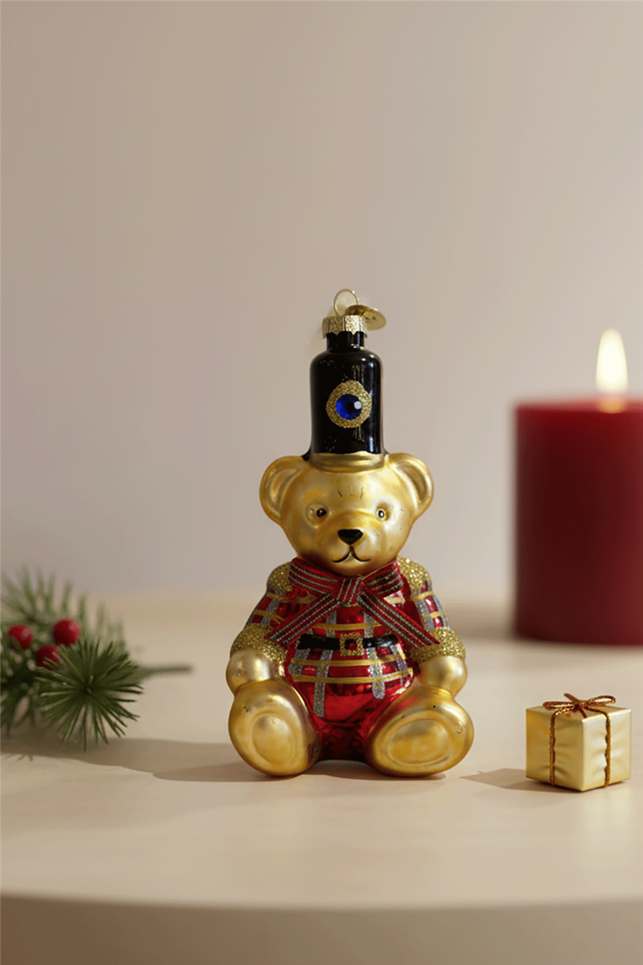 Gold Soldier Hat Teddy Bear Christmas Tree Ornament