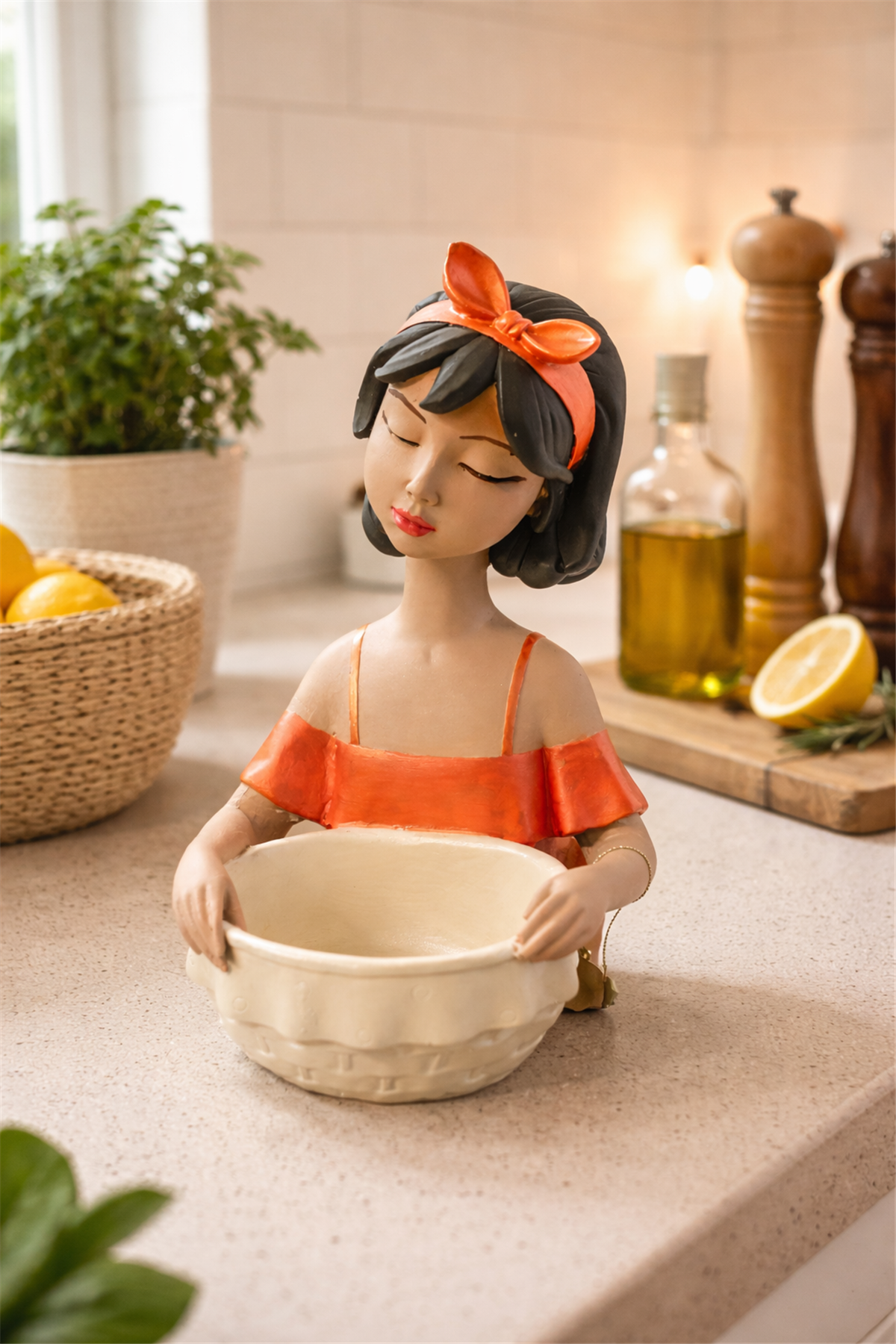 El Yapımı Seramik Kız Figürlü Kase – Soft Coral Bow