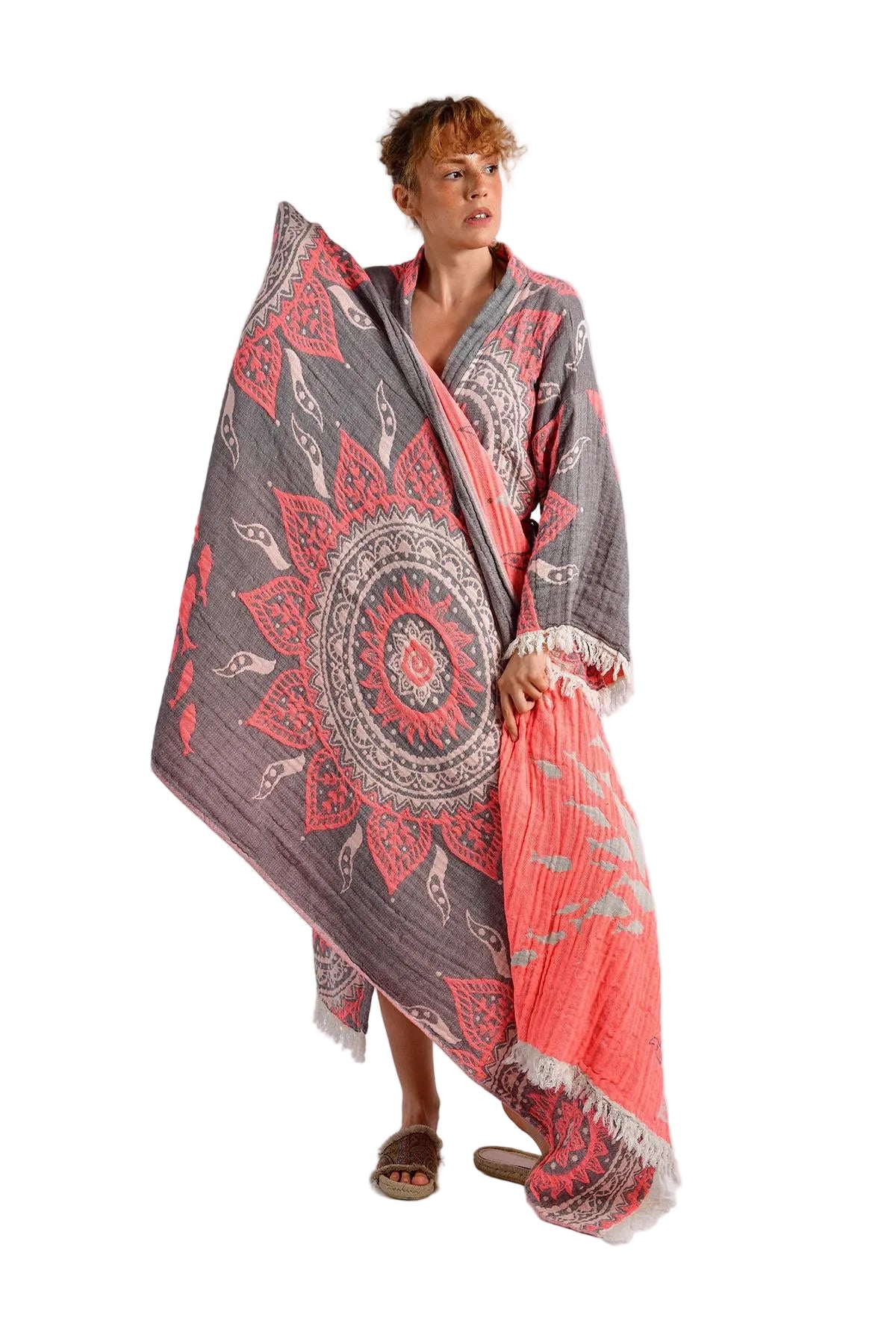 Grey- Orange Mandala Kimono ve Peştemal Takımı