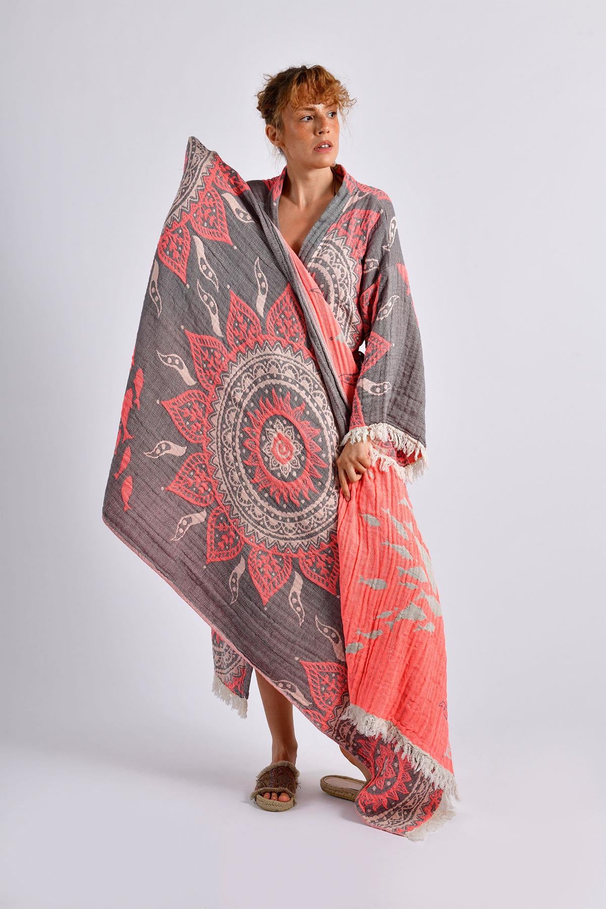 Grey- Orange Mandala Kimono ve Peştemal Takımı