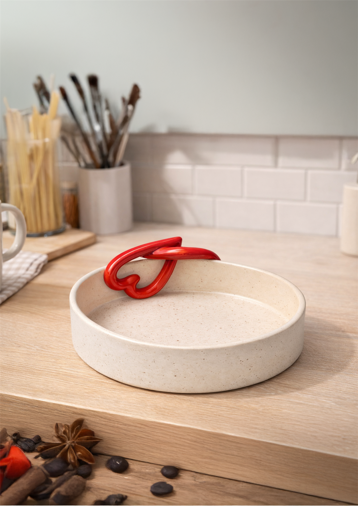 El Yapımı Seramik Tabak – Kalp Formlu Tutma Detayı