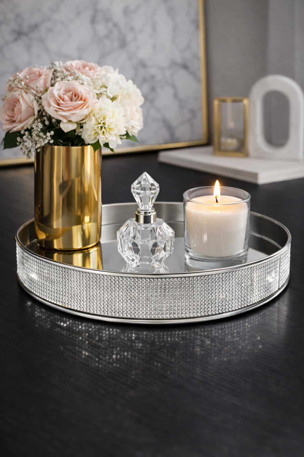 Premium Metal Tray with Crystal Stone Details and Mirror