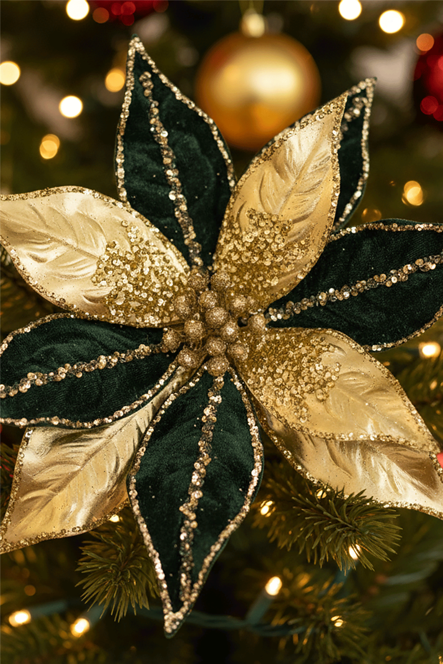 Green Gold Shimmering Flower Tree Ornament