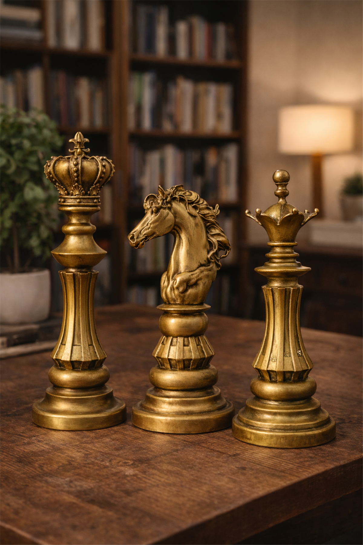 El Yapımı Dekoratif Satranç Figürleri – 3'lü Set - Vezir, Fil, At (Koyu Ton