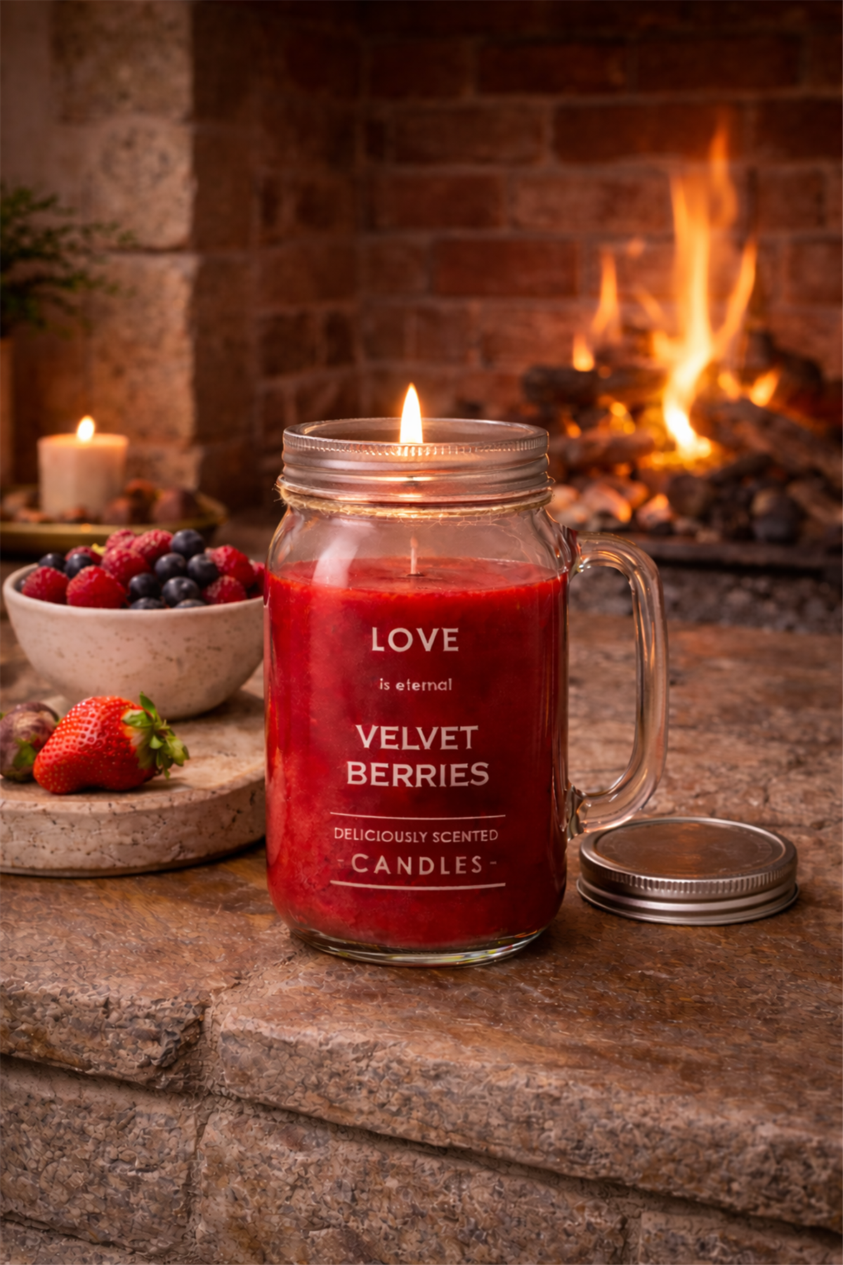 Çilek Kokulu Kulplu Cam Kupa Mum