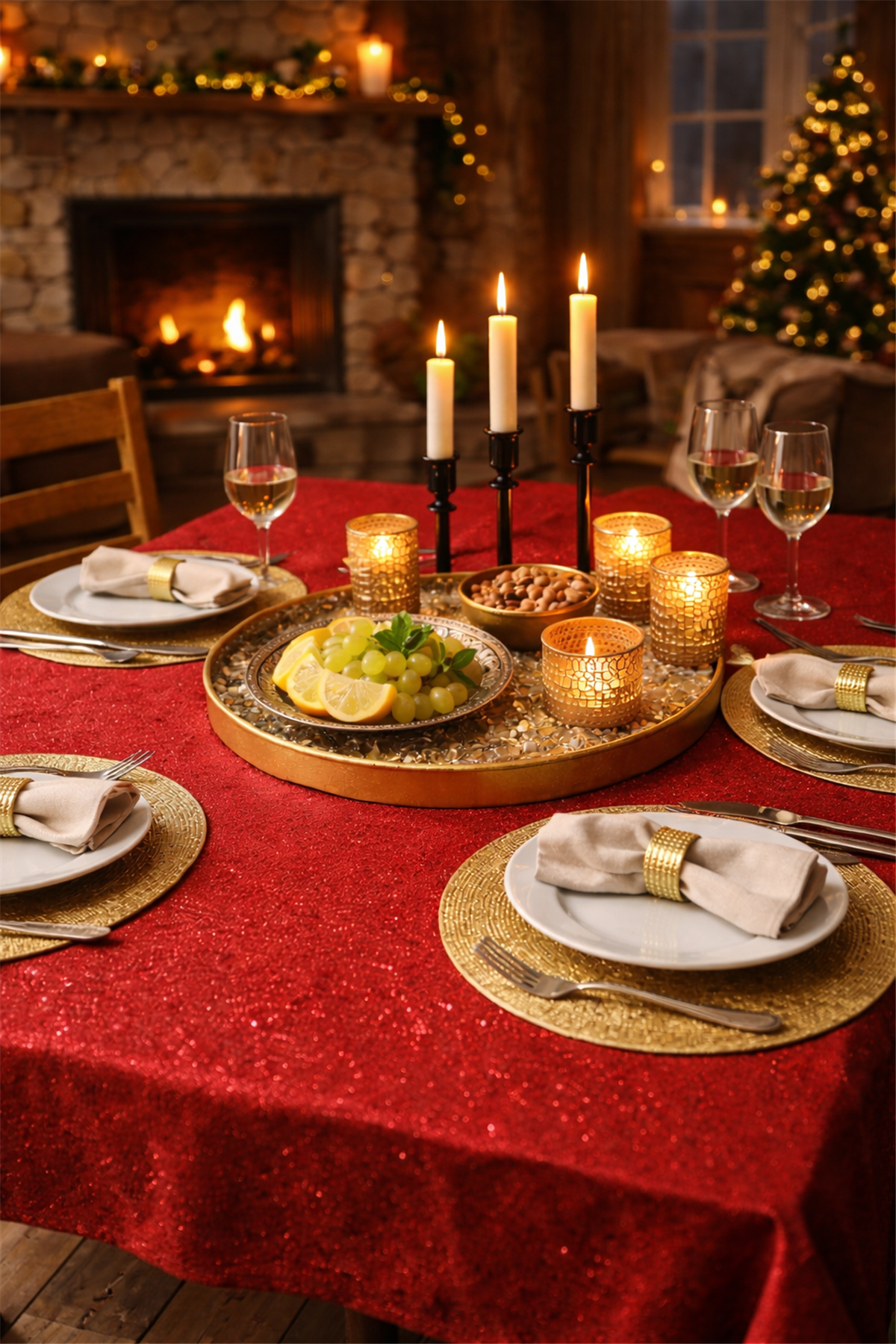 Kırmızı Simli Masa Örtüsü