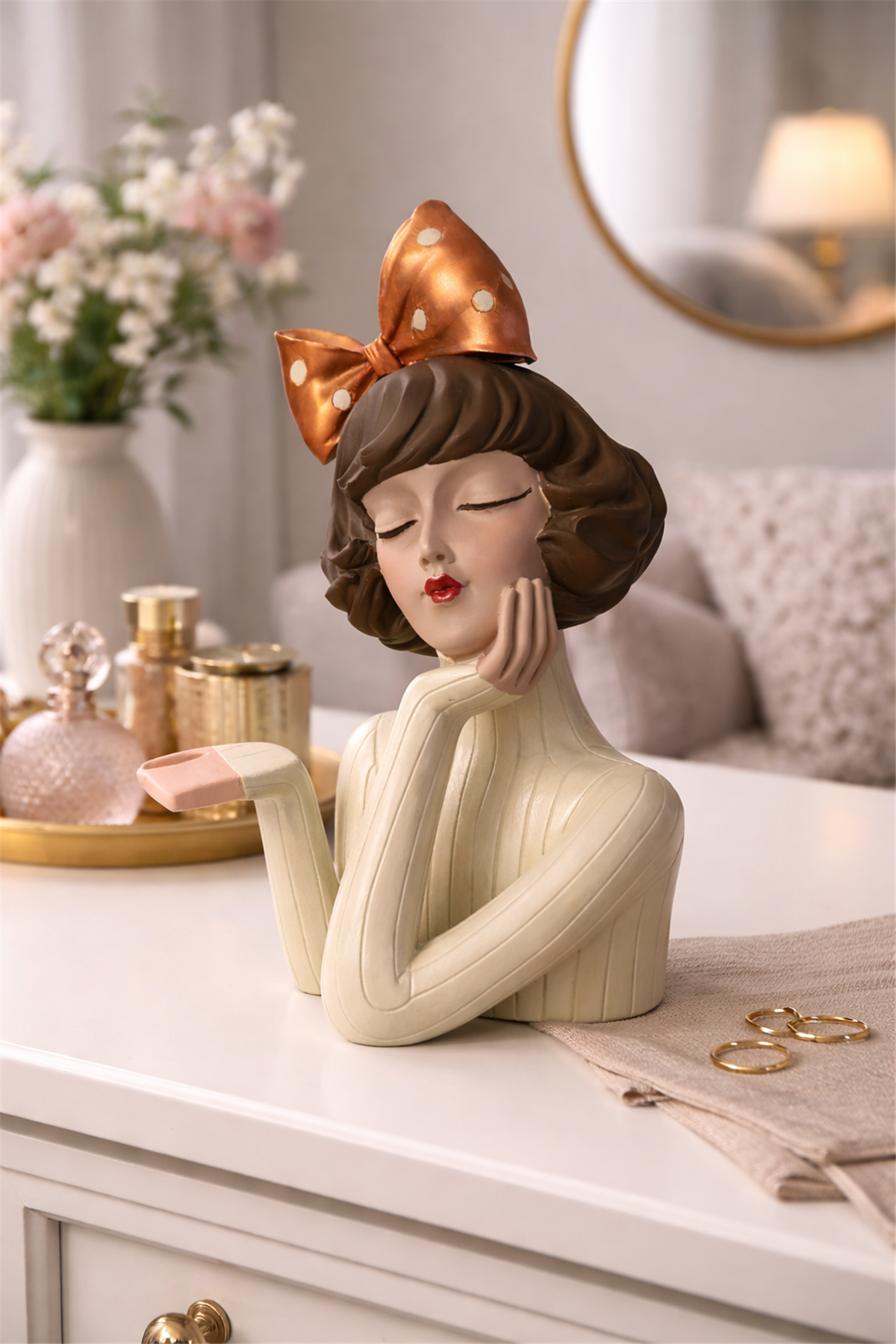 Handmade Ceramic Bowl with Girl Figure – Ivory Amber Bow