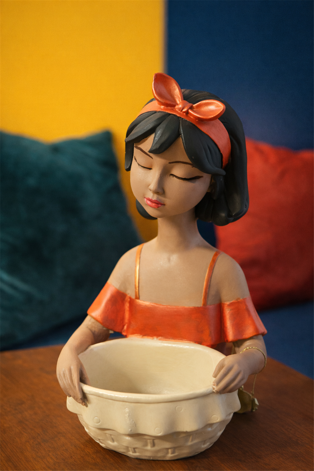 Handmade Ceramic Girl Figurine Bowl - Soft Coral Bow