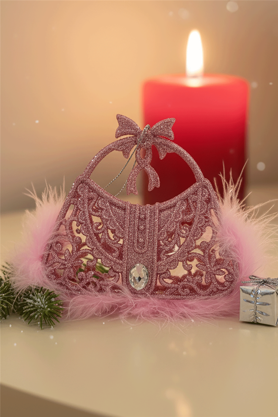 Tüylü Pembe Simli Yılbaşı Ağaç Süsü