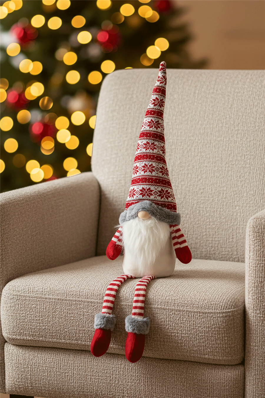 Red Patterned Christmas Gnome (Sitting Model)