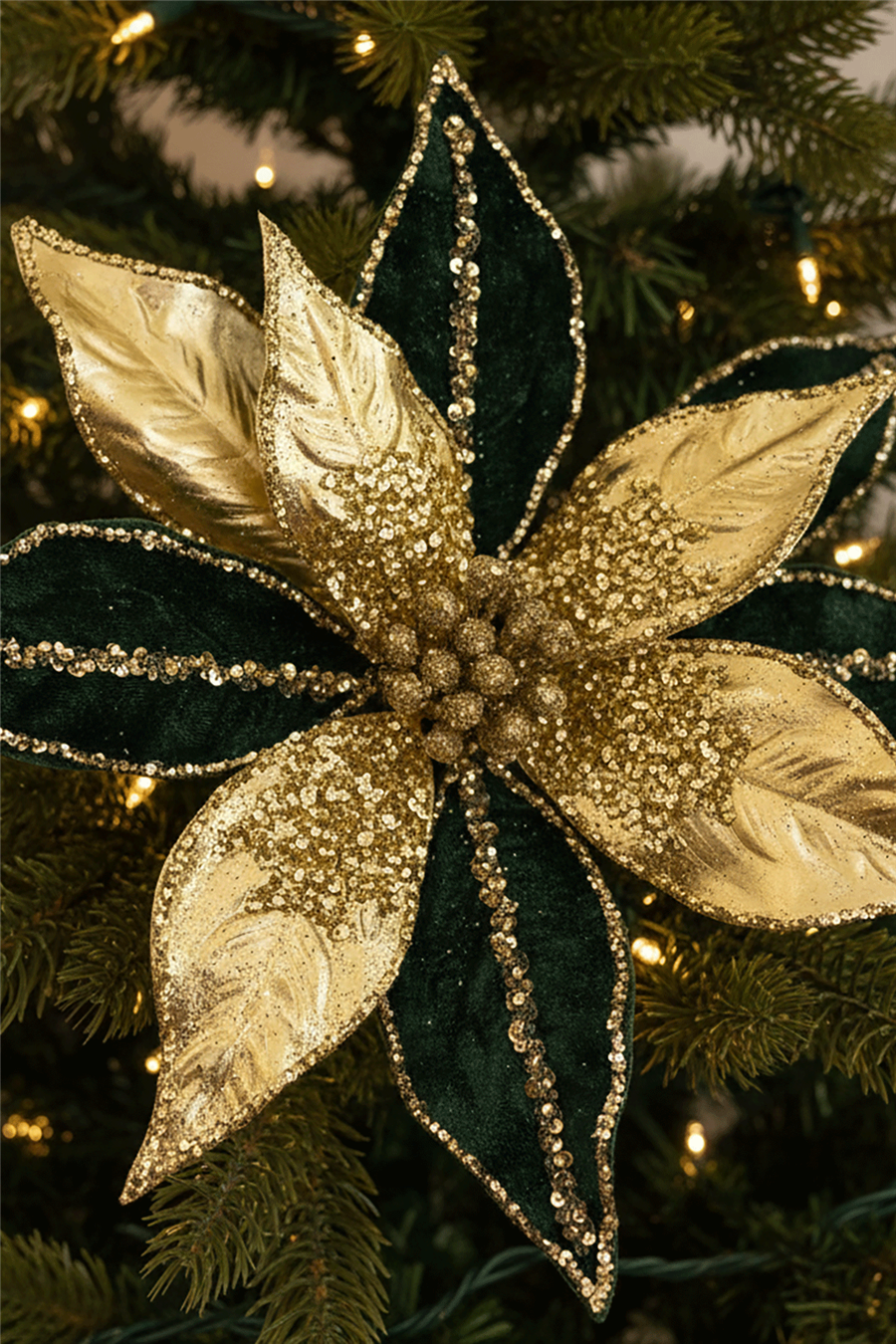 Yeşil Altın Işıltılı Çiçek Ağaç Süsü