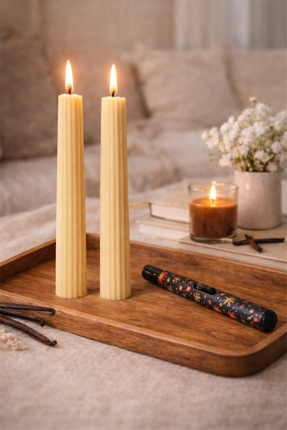 Yıldız Desenli Mum Çakmağı & İkili Vanilya Mum Seti
