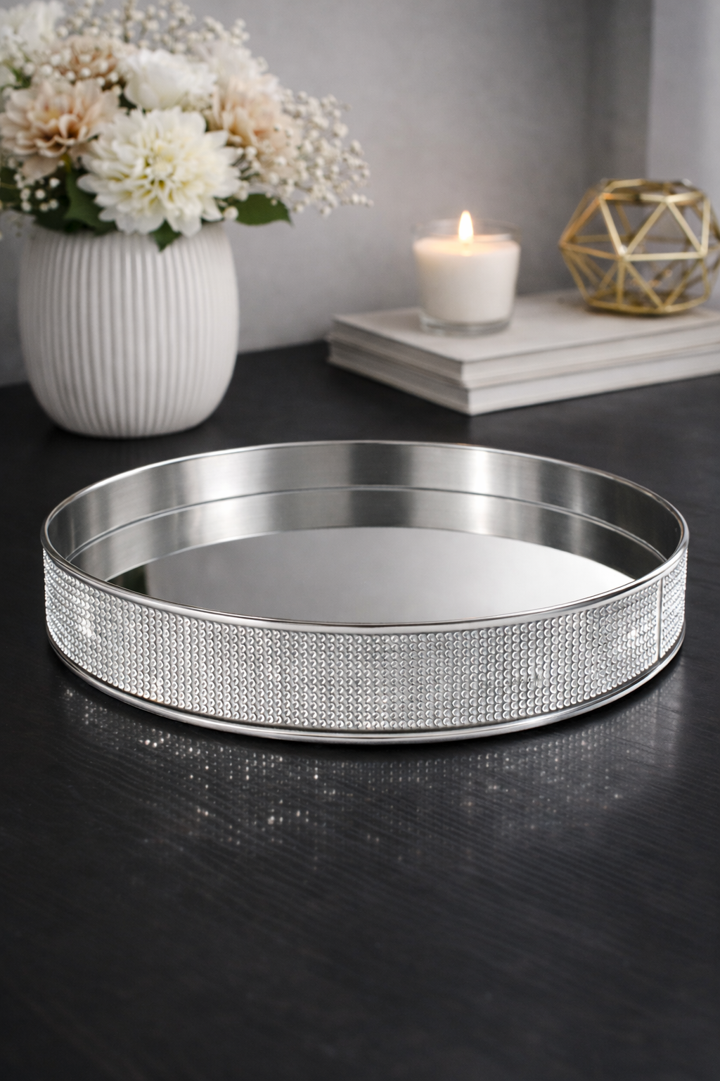 Kristal Taş Detaylı Aynalı Premium Metal Tepsi