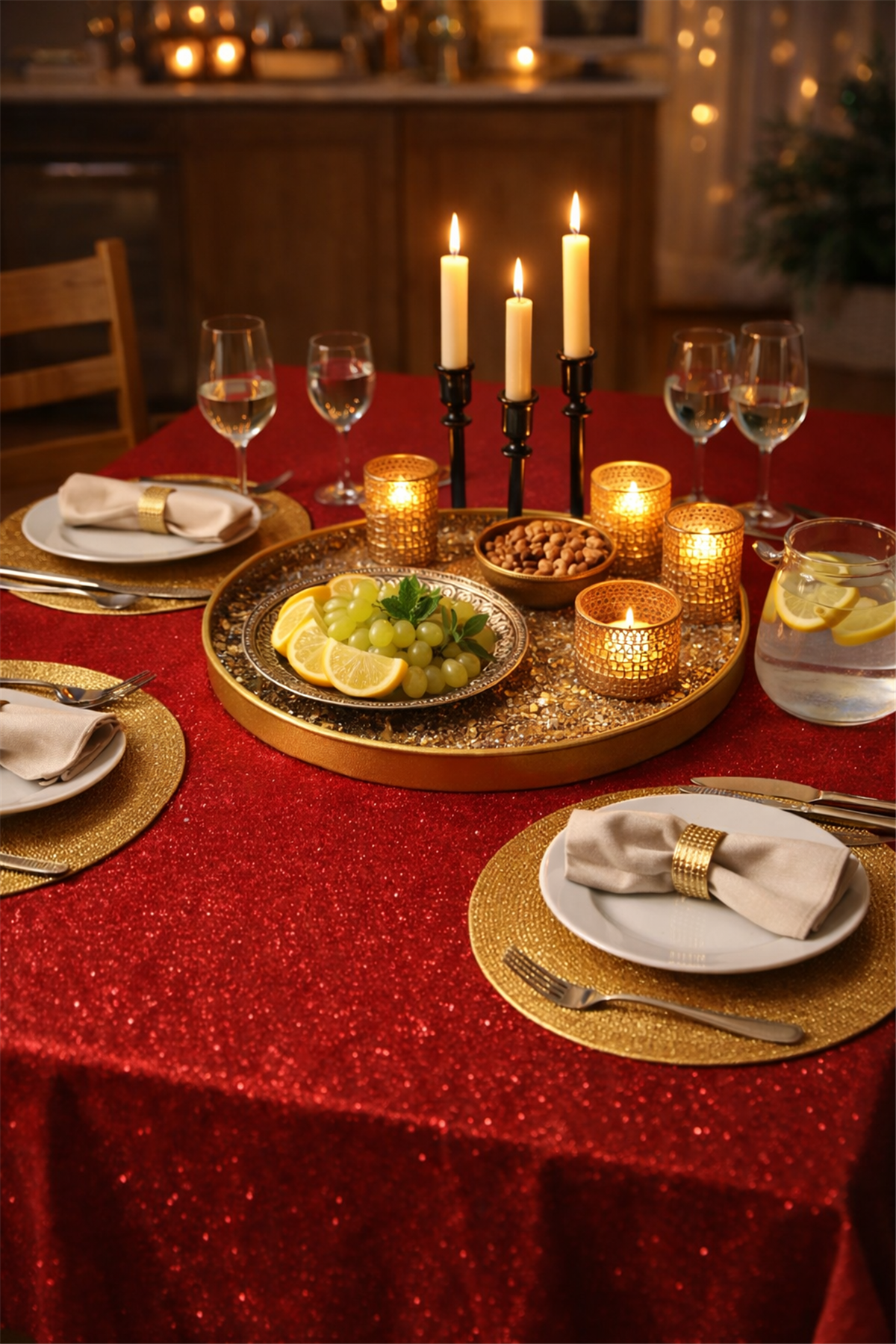 Kırmızı Simli Masa Örtüsü