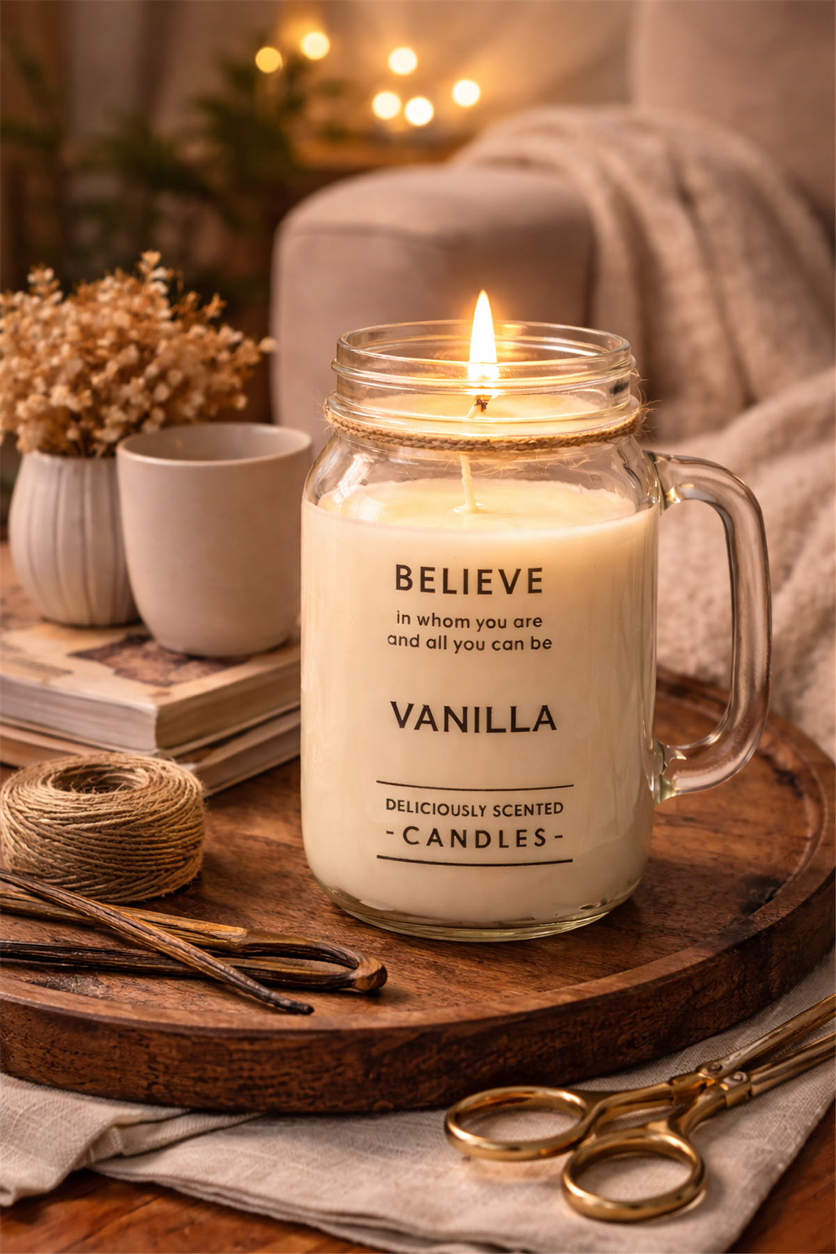 Vanilya Kokulu Kulplu Cam Kupa Mum