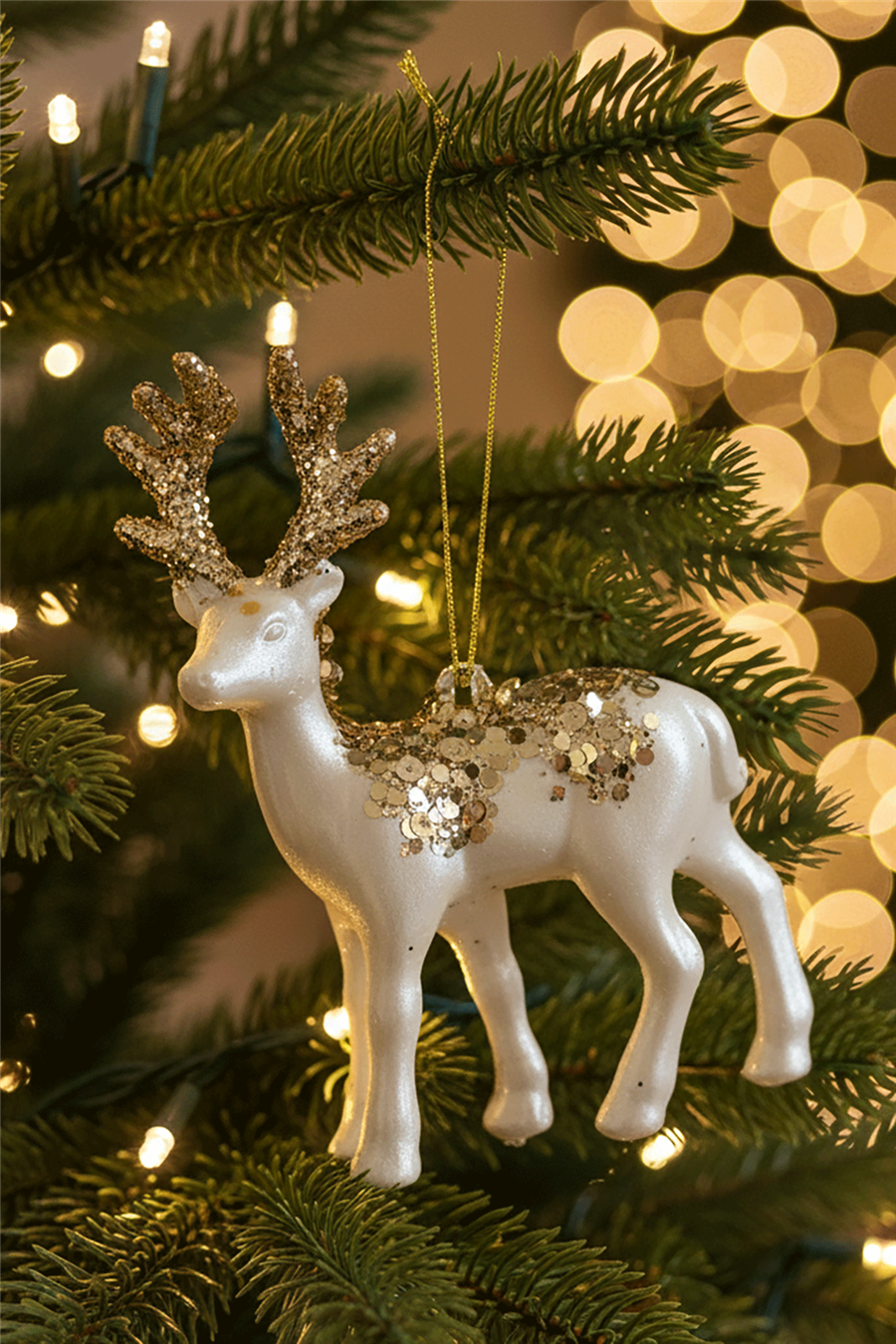 Altın Simli Beyaz Geyik Ağaç Süsü