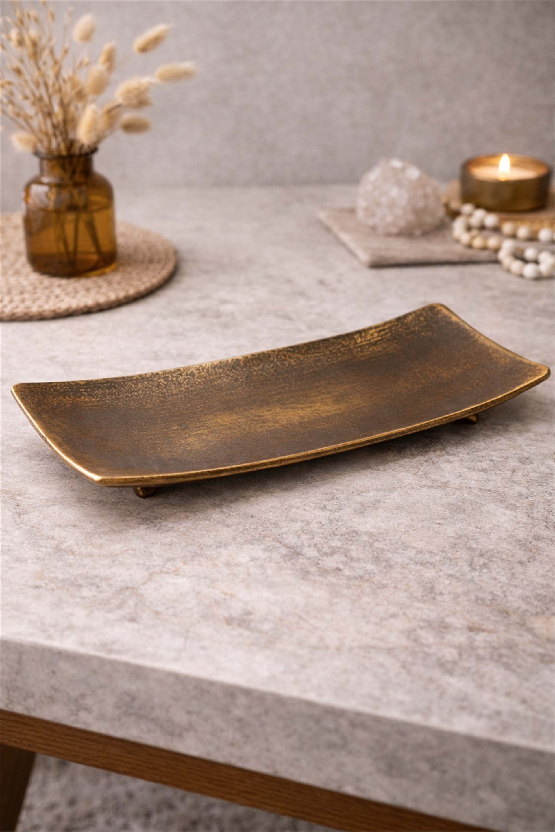 Altın Tonlu Dikdörtgen Dekoratif Tepsi