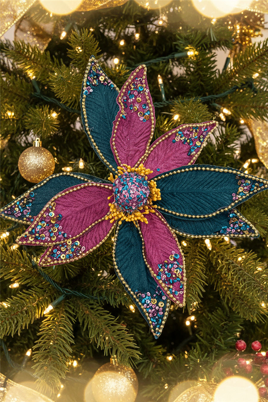 Mor & Yeşil Payetli Çiçek Ağaç Süsü