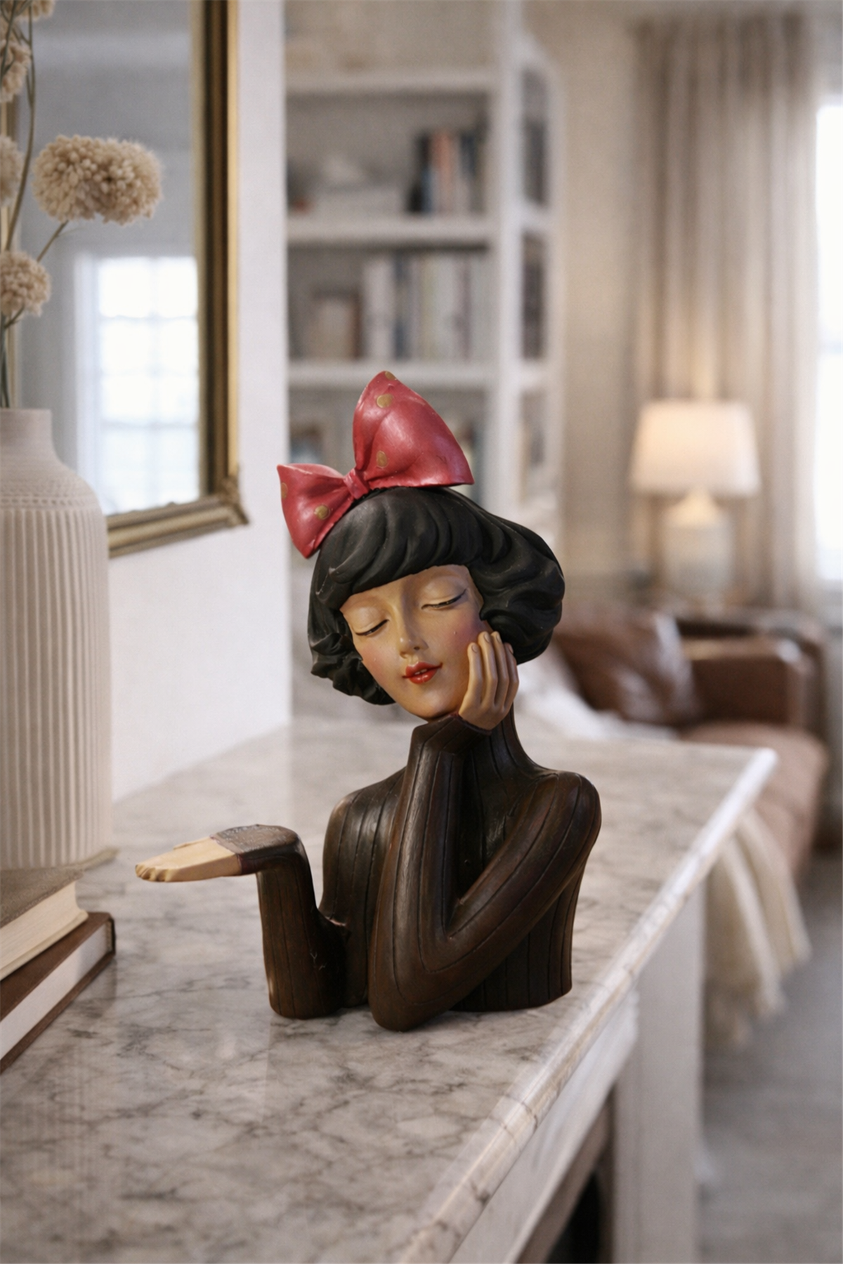 Handmade Ceramic Bowl with Girl Figurine – Midnight Red Bow