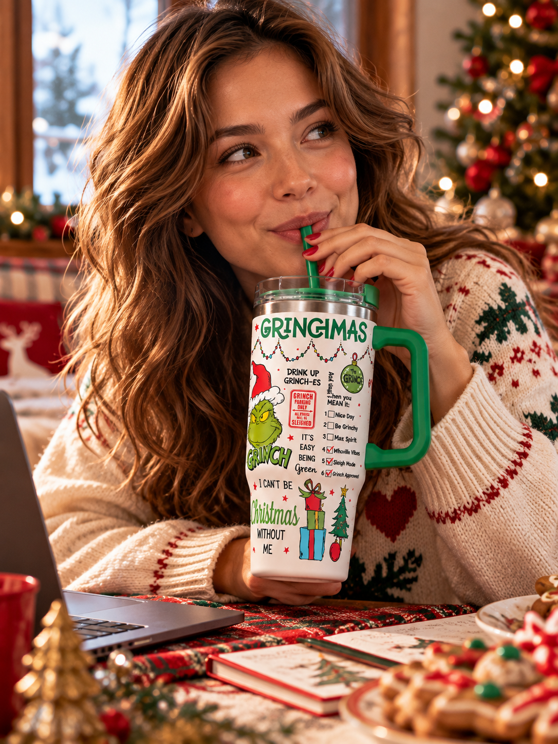 Grinchmas Mood – Grinch Desenli Pipetli Yılbaşı Termos Bardağı