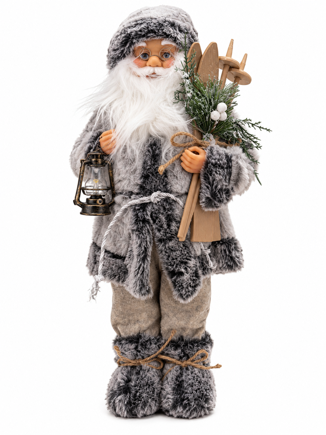 Kayaklı Gri Beyaz Noel Baba Dekoratif Figür - 45 CM