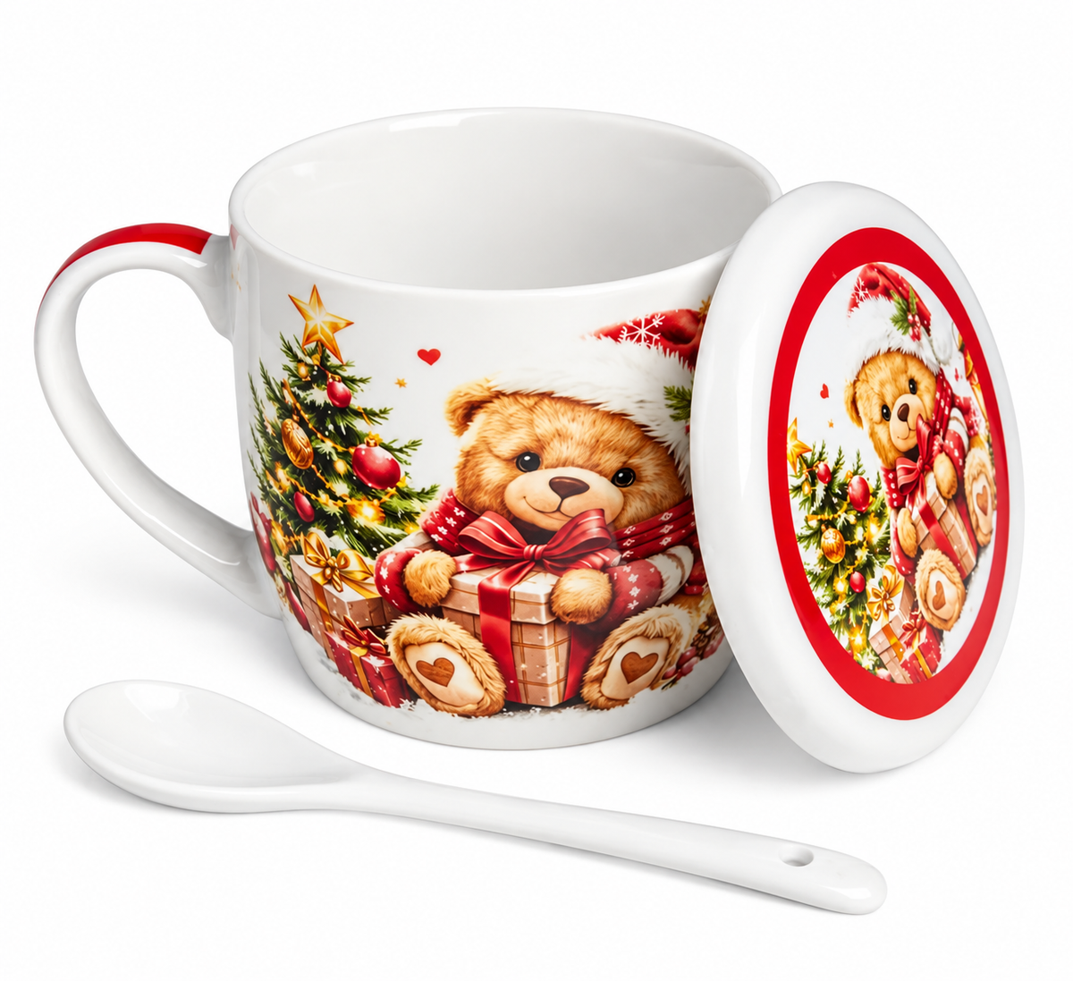 Teddy Christmas – Hediye Kutulu Kapaklı ve Kaşıklı Yılbaşı Kupa Seti