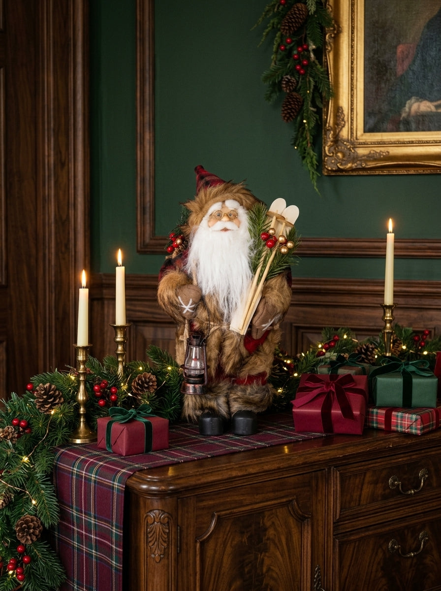 Alpine Santa Kayaklı ve Fenerli Dekoratif Yılbaşı Noel Baba Figürü - 30 CM