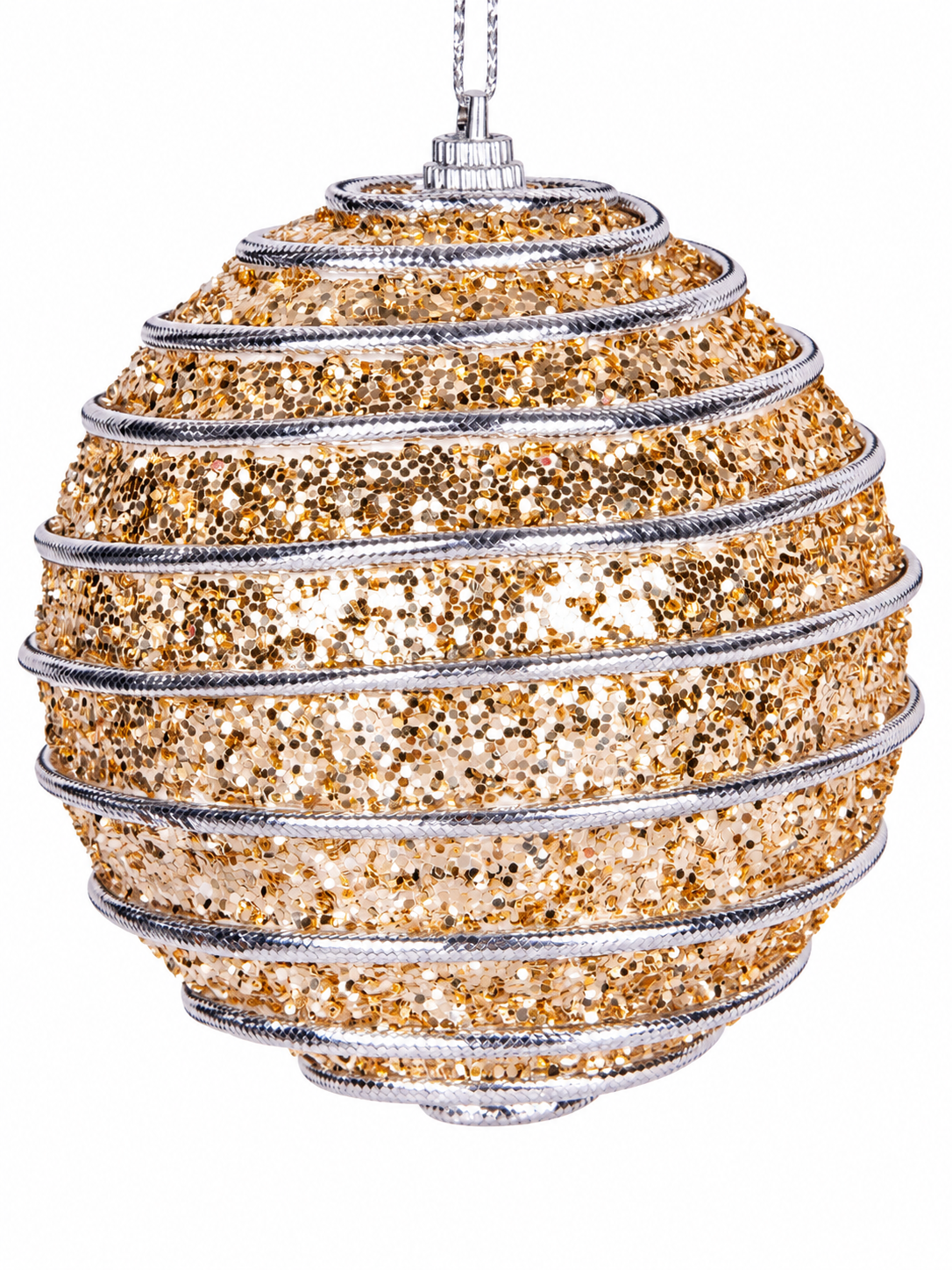 Champagne Silver Spiral – Gümüş Spiral Detaylı Işıltılı Yılbaşı Topu