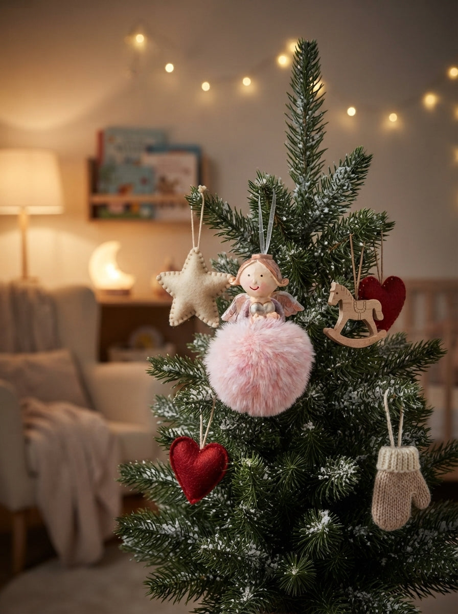 Angel Christmas Tree Ornament with Pink Pom-Poms